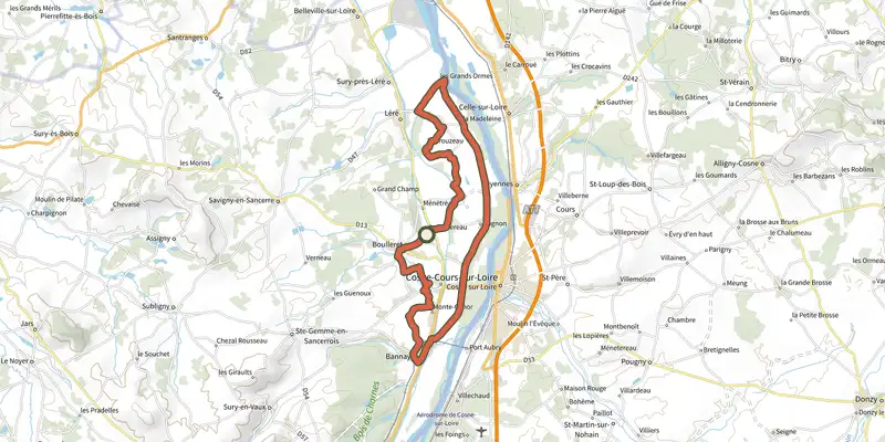 Carte du tracé de Détour de Loire sur OpenTopoMap, départ et points de passage numérotés