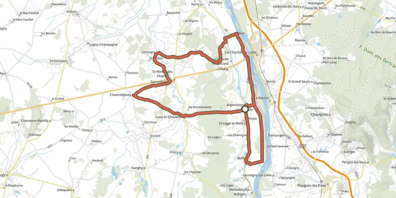 Carte du tracé de Dans la roue d'Albert Bourlon sur le Plan IGN, départ et points de passage numérotés