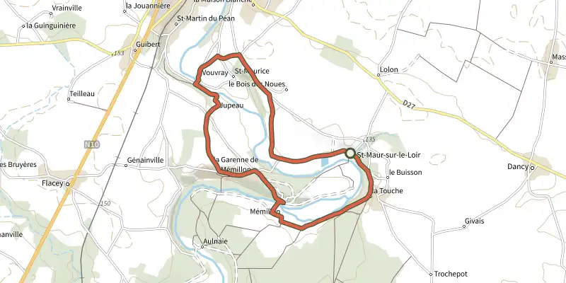 Carte du tracé de Sur la route de Trompe-souris sur le Plan IGN, départ et points de passage numérotés