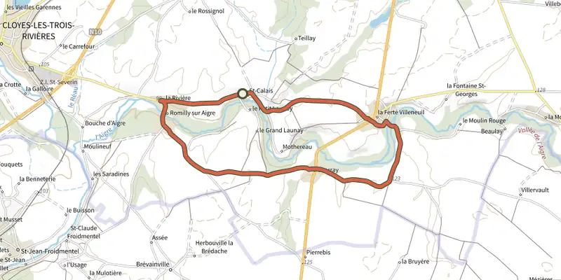 Map of the La fontaine Tic Tic track on OpenTopoMap, with the start and numbered waypoints