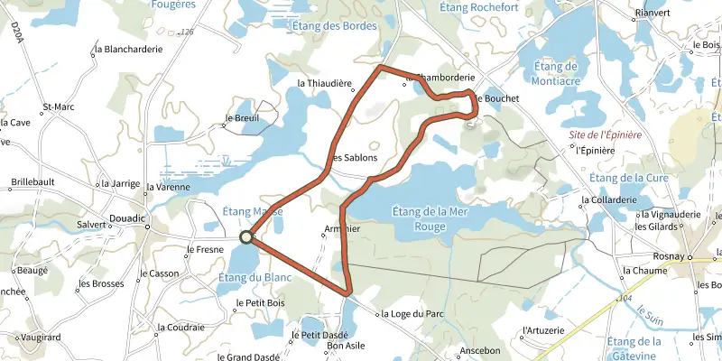 Carte du tracé de Balade à l'Etang de la Mer Rouge sur le Plan IGN, départ et points de passage numérotés