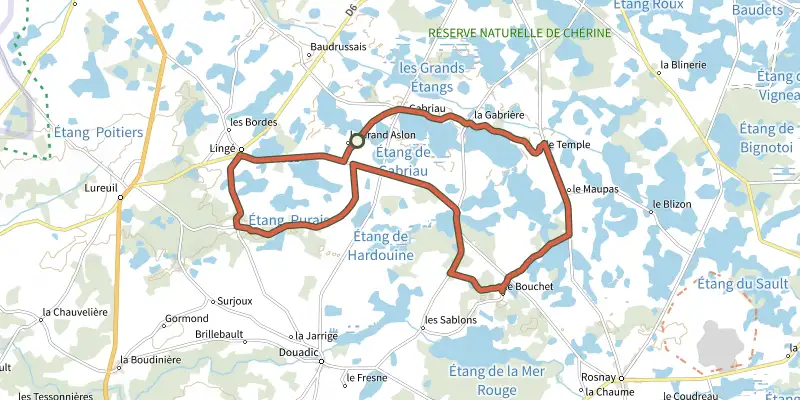 Carte du tracé de Etangs et buttons de Brenne sur le Plan IGN, départ et points de passage numérotés