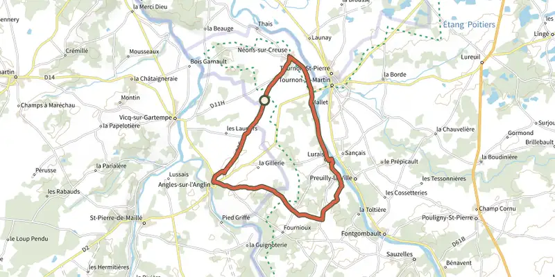 Carte du tracé de En passant par Angles sur l'Anglin sur le Plan IGN, départ et points de passage numérotés
