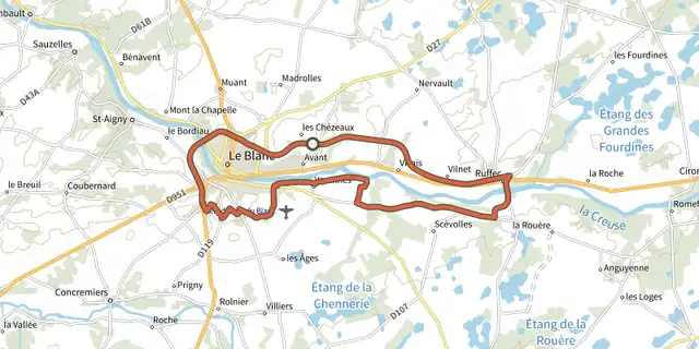 Tracé de La Creuse, entre viaduc et prieuré sur le Plan IGN