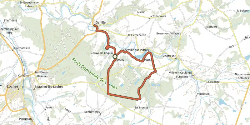 Carte du tracé de De chêne et d’eau sur le Plan IGN, départ et points de passage numérotés