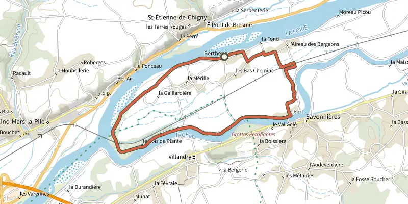 Map of the Confluence Loire et Cher track on the IGN map, with the start and numbered waypoints