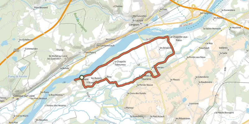 Map of the De port en port track on the IGN map, with the start and numbered waypoints