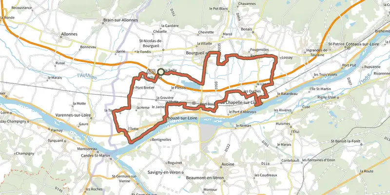 Carte du tracé de Au gré de la Loire sur le Plan IGN, départ et points de passage numérotés