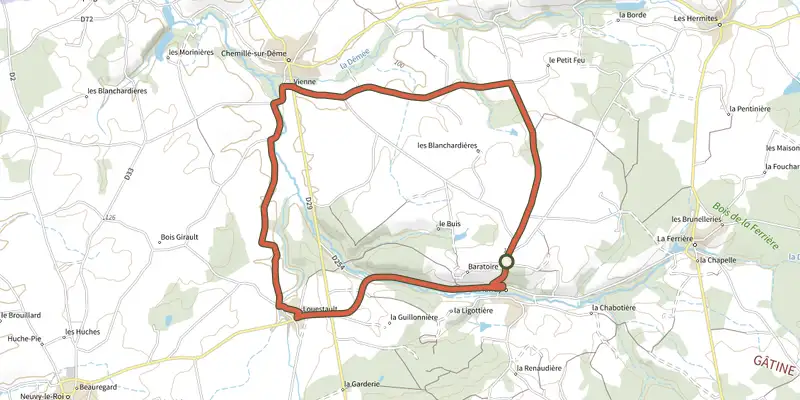 Carte du tracé de Autour de la vallée de la Dême sur le Plan IGN, départ et points de passage numérotés