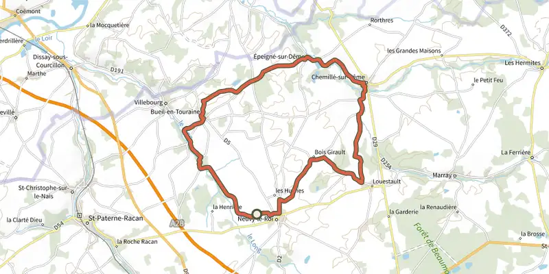 Map of the De la Dême au Long track on OpenTopoMap, with the start and numbered waypoints