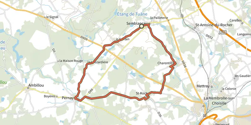 Map of the Semblançay, Le Serrain, Pernay, St-Roch, Charentilly track on the IGN map, with the start and numbered waypoints