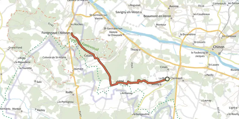 Map of the De Fontevraud l'Abbaye à Seuilly track on OpenTopoMap, with the start and numbered waypoints