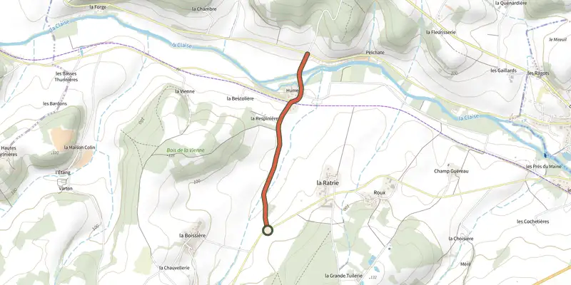 Map of the Liaison Boussay track on OpenTopoMap, with the start and numbered waypoints