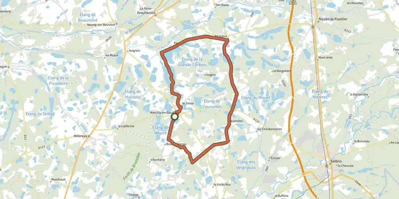 Carte du tracé de La route des étangs sur le Plan IGN, départ et points de passage numérotés