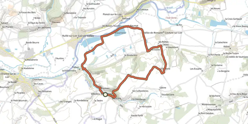 Map of the Ronsard au bord du Loir track on OpenTopoMap, with the start and numbered waypoints