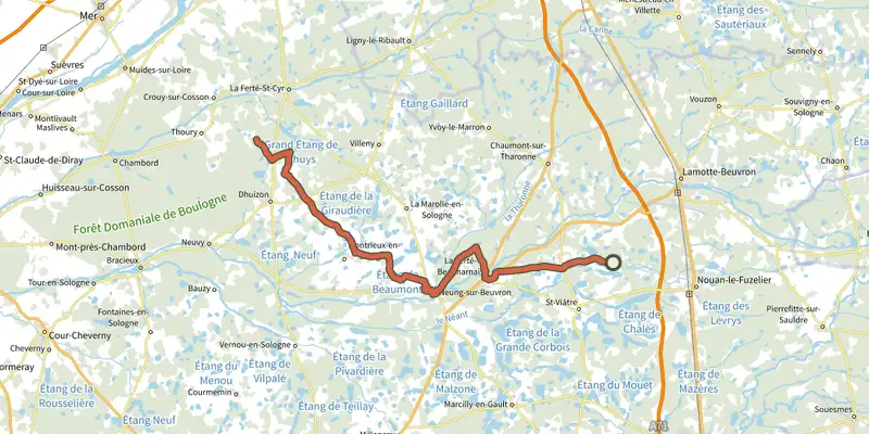 Map of the La Sologne à vélo track on the IGN map, with the start and numbered waypoints