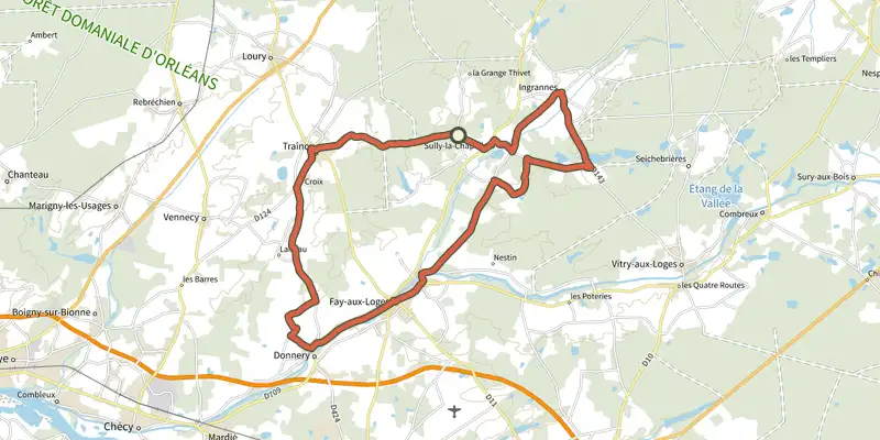 Carte du tracé de Entre canal et forêt sur le Plan IGN, départ et points de passage numérotés