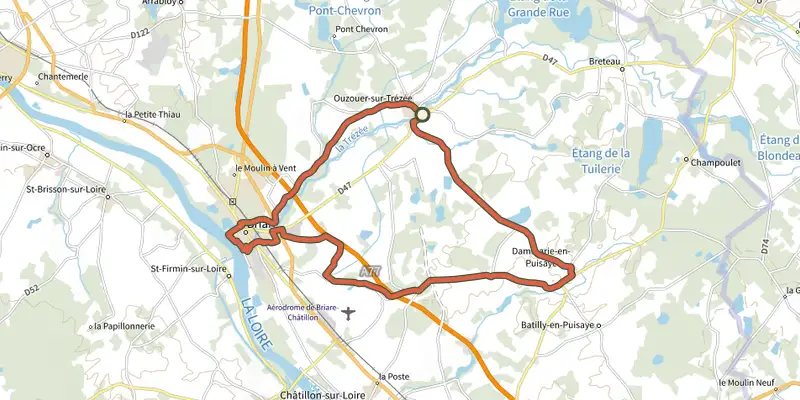 Carte du tracé de Un port d'attache en Puisaye sur le Plan IGN, départ et points de passage numérotés