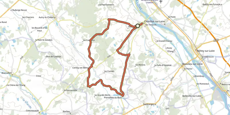 Carte du tracé de Dans le Loiret bocager sur le Plan IGN, départ et points de passage numérotés