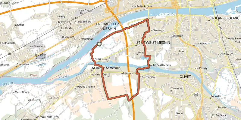 Carte du tracé de Boucles des Moulins du Loiret sur le Plan IGN, départ et points de passage numérotés