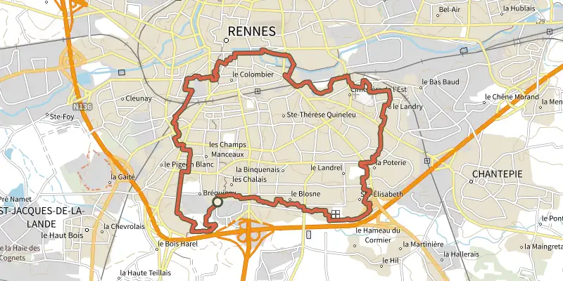 Carte du tracé de Circuit Vilaine et Blosne sur le Plan IGN, départ et points de passage numérotés