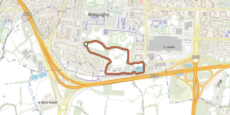Carte du tracé de Parcours de jogging Brequigny sur le Plan IGN, départ et points de passage numérotés