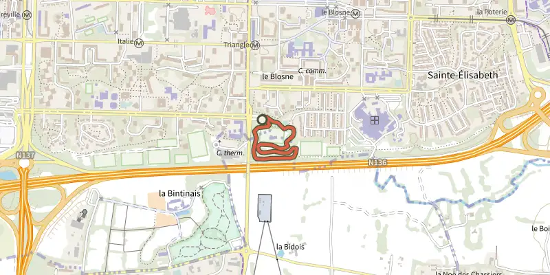 Map of the Parcours de jogging Lafargue track on the IGN map, with the start and numbered waypoints