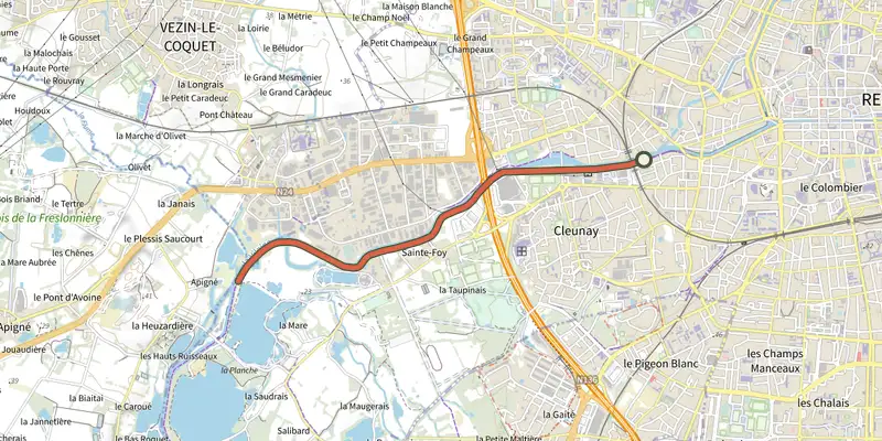 Carte du tracé de Parcours de jogging Rive-ouest sur le Plan IGN, départ et points de passage numérotés