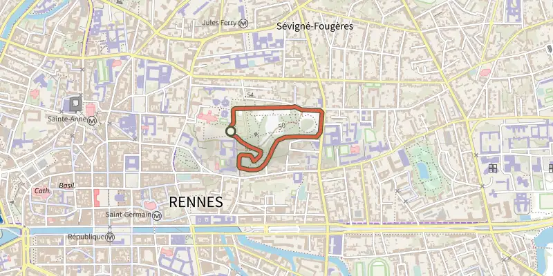 Carte du tracé de Parcours de jogging Thabor sur le Plan IGN, départ et points de passage numérotés