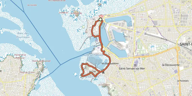 Map of the Balade Chlorophylle 2011, boucle 2 track on the IGN map, with the start and numbered waypoints