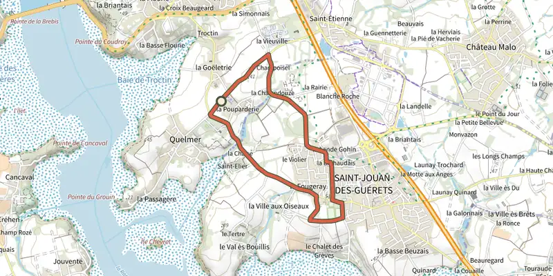 Map of the Balade Chlorophylle 2012, boucle Handisport track on the IGN map, with the start and numbered waypoints