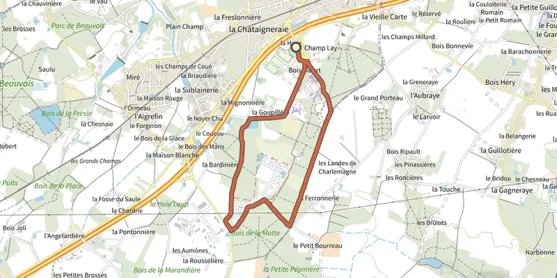 Map of the Bois gibert track on the IGN map, with the start and numbered waypoints