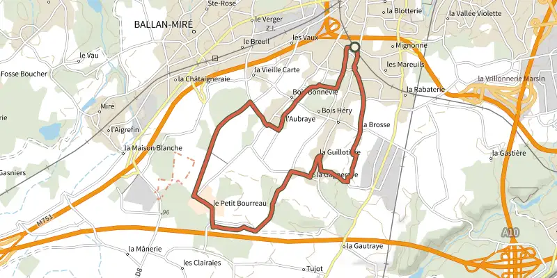 Carte du tracé de Sentier de l'échappée verte sur le Plan IGN, départ et points de passage numérotés
