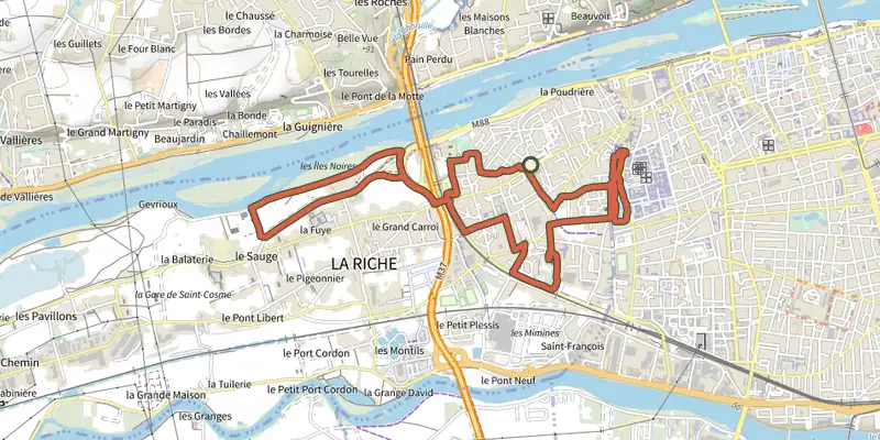 Carte du tracé de Circuit du Plessis au Prieure sur le Plan IGN, départ et points de passage numérotés