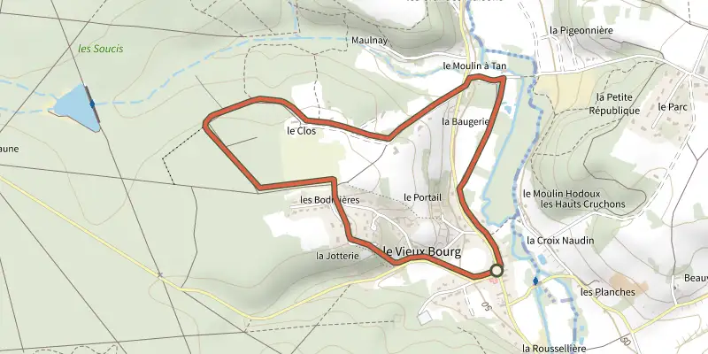 Carte du tracé de Vieux bourg sur le Plan IGN, départ et points de passage numérotés
