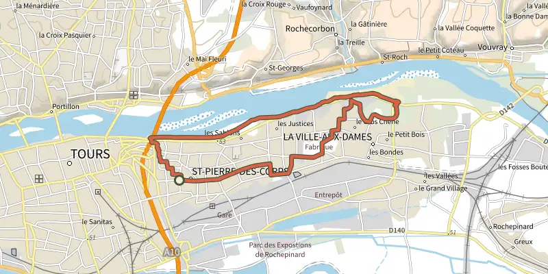 Map of the Loire track on OpenTopoMap, with the start and numbered waypoints