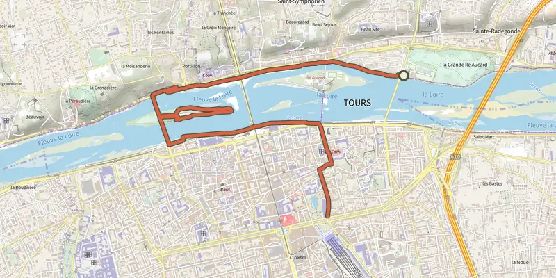 Carte du tracé de Sentier bord de Loire sur le Plan IGN, départ et points de passage numérotés