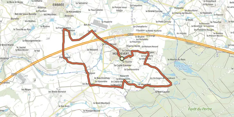 Map of the Monde Vert Loop track on the IGN map, with the start and numbered waypoints