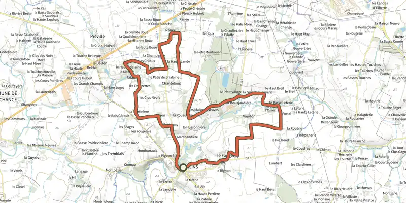 Carte du tracé de Circuit des Châtaigniers sur le Plan IGN, départ et points de passage numérotés