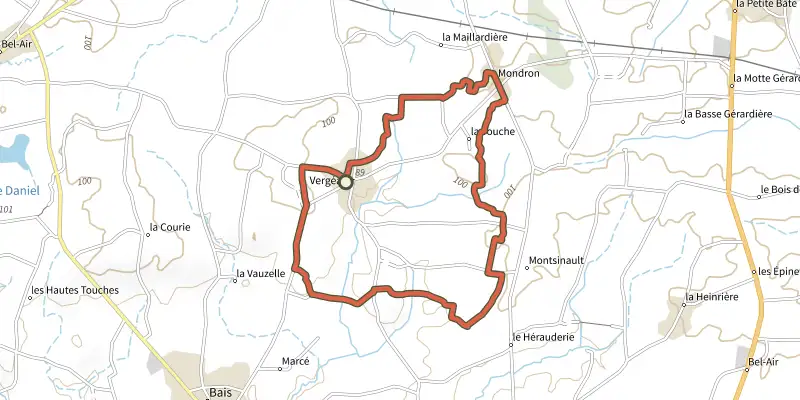 Carte du tracé de Circuit des Korrigans sur le Plan IGN, départ et points de passage numérotés