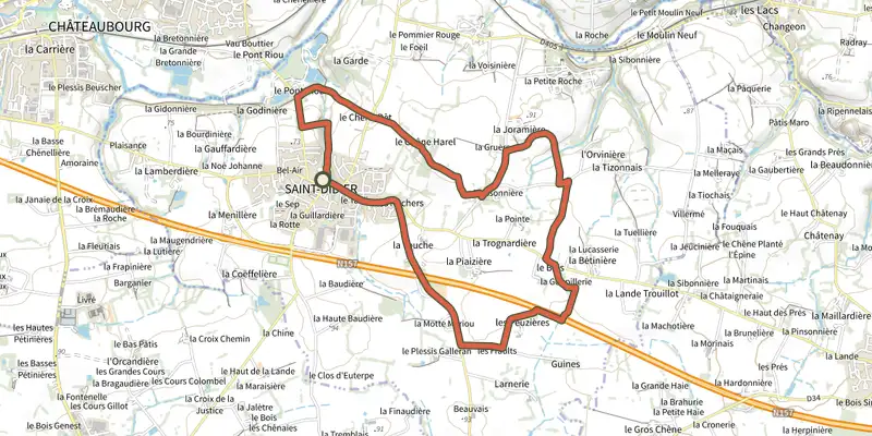 Carte du tracé de Circuit des Teils sur le Plan IGN, départ et points de passage numérotés