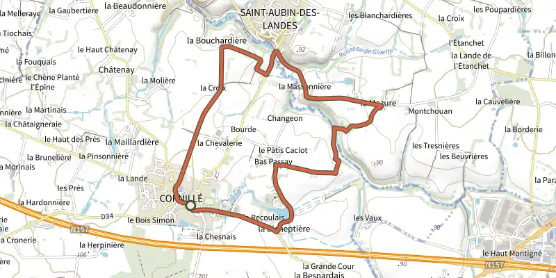 Carte du tracé de Circuit des Vallons du Ruisseau de la Bichetière sur le Plan IGN, départ et points de passage numérotés
