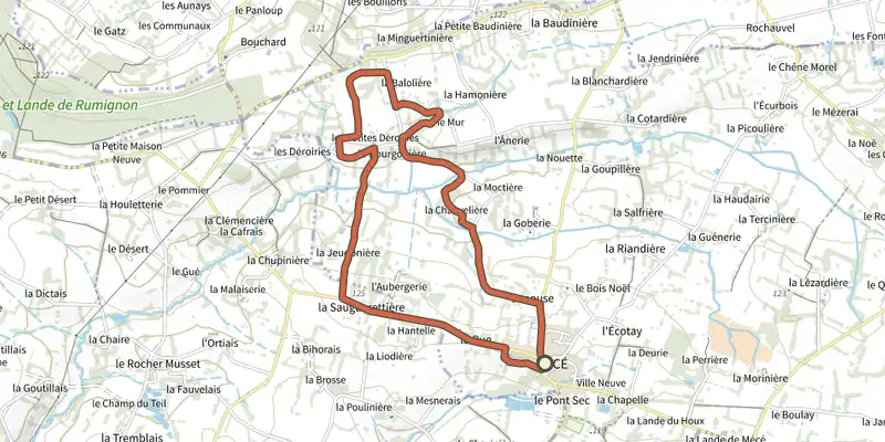 Map of the Bocage Loop track on the IGN map, with the start and numbered waypoints