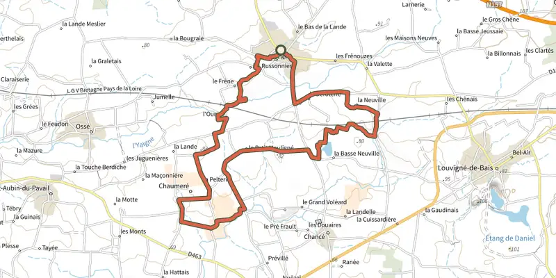 Map of the Guines Stream Loop track on the IGN map, with the start and numbered waypoints