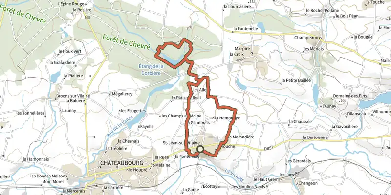 Carte du tracé de Dans la forêt de la Corbière sur le Plan IGN, départ et points de passage numérotés