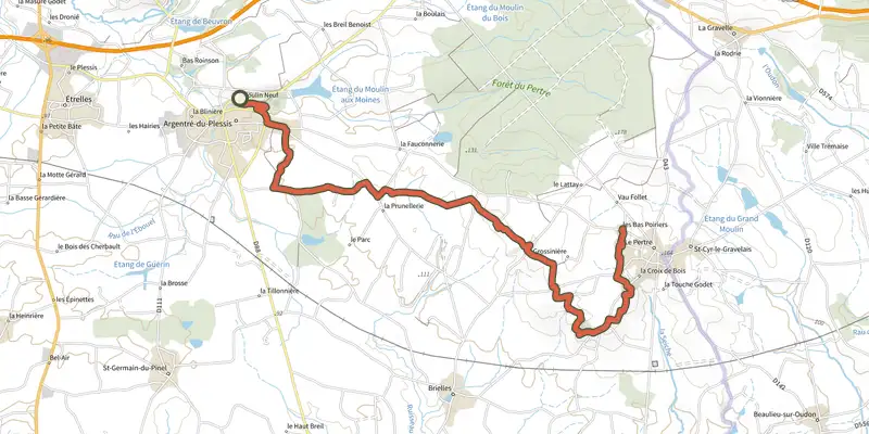 Carte du tracé de Tour des Portes de Bretagne, étape 2 sur le Plan IGN, départ et points de passage numérotés