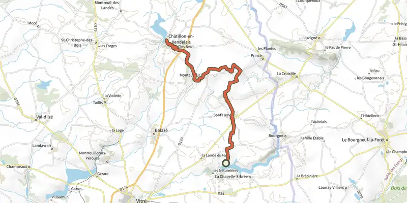 Map of the Tour des Portes de Bretagne, Stage 4: Haute-Vilaine to Châtillon-en-Vendelais track on the IGN map, with the start and numbered waypoints