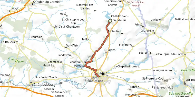 Map of the Tour des Portes de Bretagne, Stage 5: Châtillon-en-Vendelais to Vitré track on the IGN map, with the start and numbered waypoints