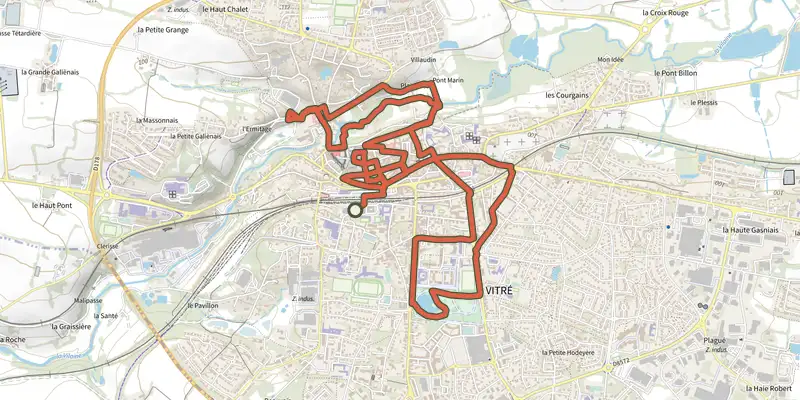 Map of the Sightseeing Tour of Vitré track on the IGN map, with the start and numbered waypoints